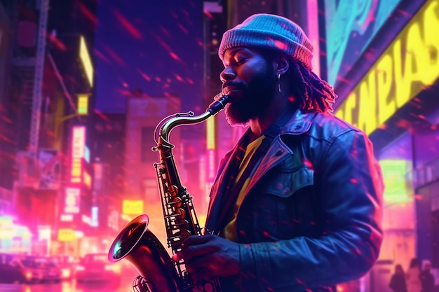 Joven afroamericano tocando el saxofón en el club nocturno