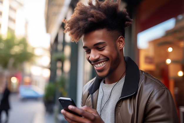 Joven afroamericano usando teléfono móvil