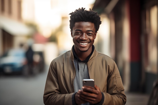 Joven afroamericano usando teléfono móvil