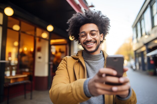 Foto joven afroamericano usando el teléfono móvil