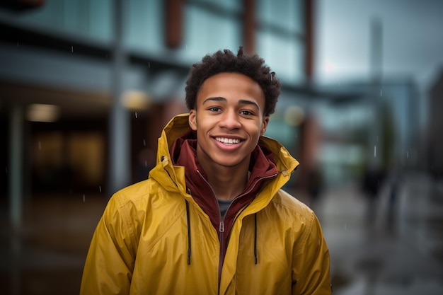 Joven afroamericano vistiendo un abrigo impermeable