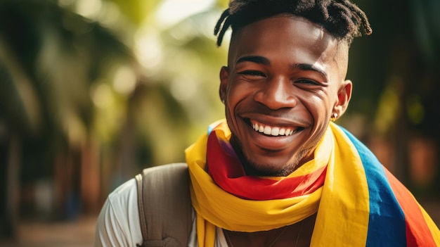 Foto joven afrocolombiano sonriendo con la bandera colombiana