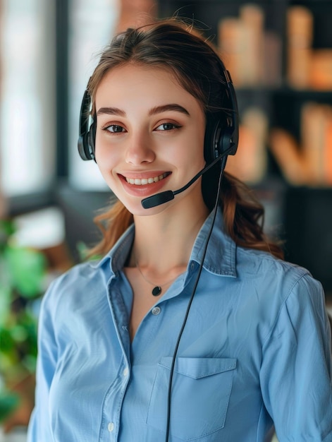 Foto joven agente de operador con auriculares trabajando en un centro de llamadas con una sonrisa