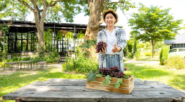 Joven agricultor de Asia hace mini corazón y sosteniendo uvas después de la cosecha forman viñedo, concepto de fruta saludable.