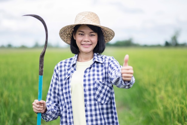 Joven agricultor asiático sonríe y sostiene la herramienta y el pulgar hacia arriba en una granja de arroz verde