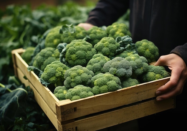 Foto joven agricultor con brócoli recién recogido en la canasta con la mano sosteniendo una caja de madera con verduras en el campo verduras orgánicas frescas ai generative