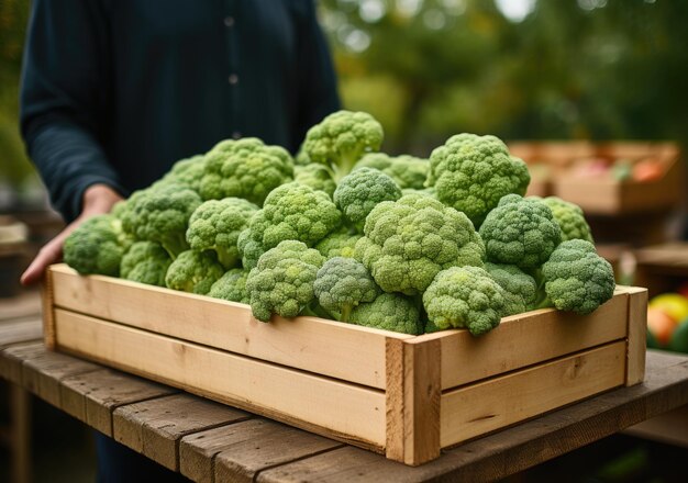 Foto joven agricultor con brócoli recién recogido en la canasta con la mano sosteniendo una caja de madera con verduras en el campo verduras orgánicas frescas ai generative