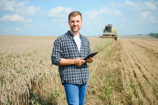 Joven agricultor en campo de trigo durante la cosecha en verano