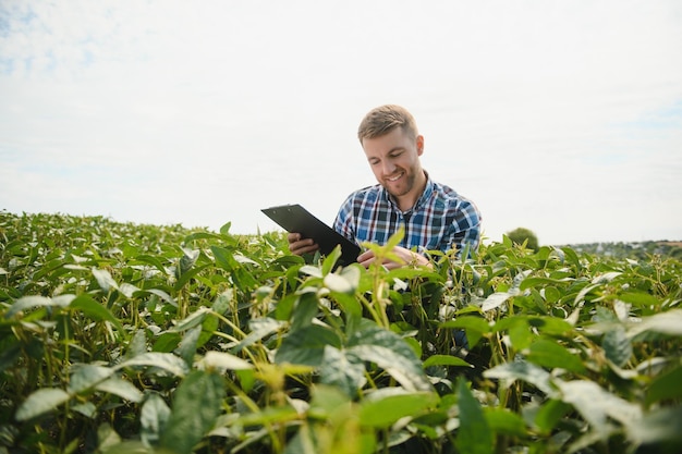 Joven agricultor en campos de soja