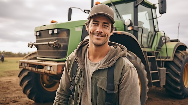 Foto un joven agricultor caucásico atractivo se muestra en este retrato sonriendo a la cámara mientras está de pie en un campo gran tractor en la distancia xa