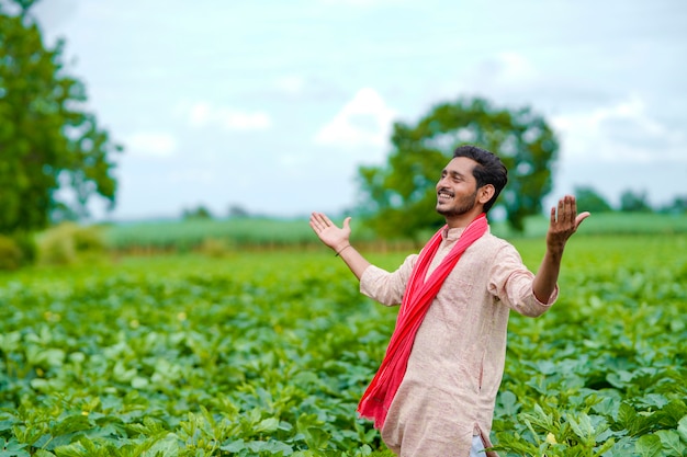 Joven agricultor indio en el campo de la agricultura verde.