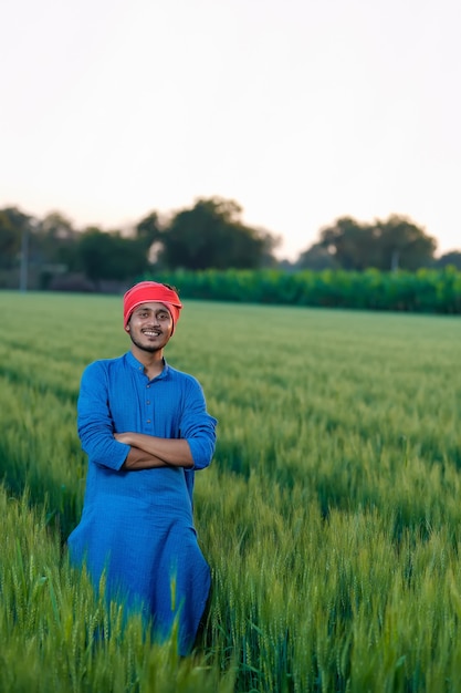 Joven agricultor indio en campo de trigo verde