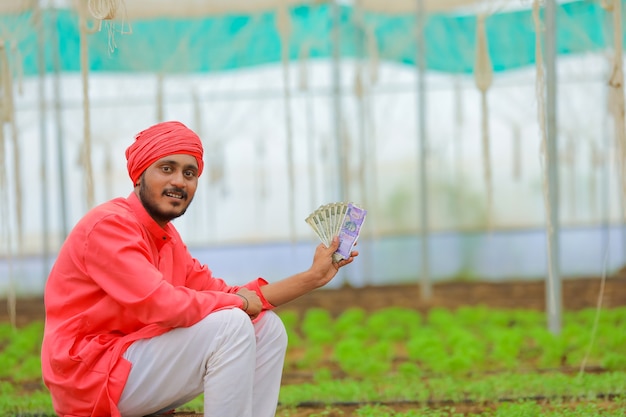 Joven agricultor indio contando y mostrando dinero en invernadero o polyhouse