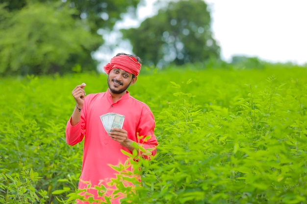 Joven agricultor indio con dinero en el campo