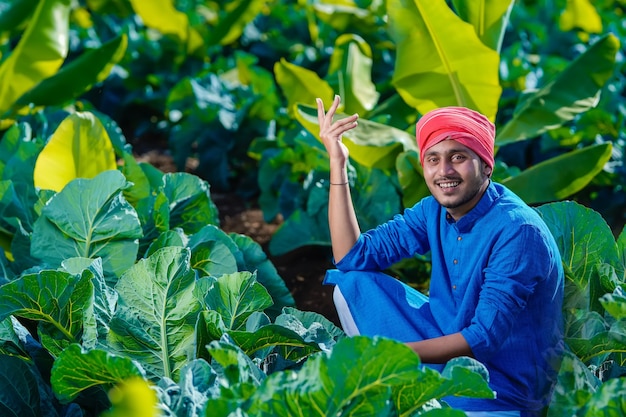 Joven agricultor indio mira las tierras de cultivo, el campo de coliflor