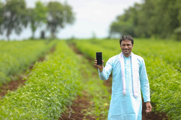 Joven agricultor indio mostrando smartphone en el campo de la agricultura.