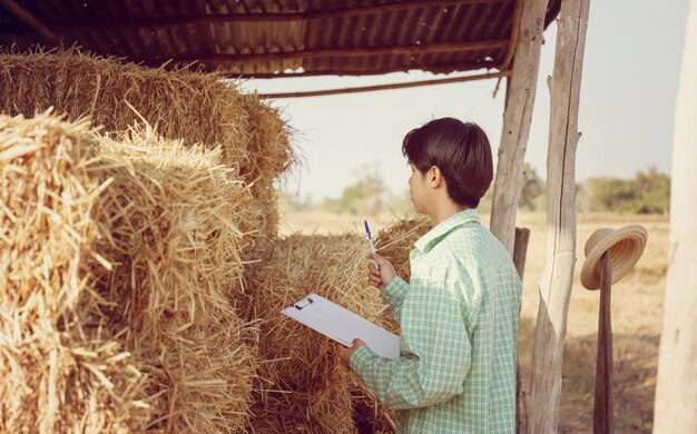 Joven agricultor inteligente asiático con lista de verificación del portapapeles comprobando fardos de paja prensada en almacenamiento de campo rural, concepto de agricultor inteligente