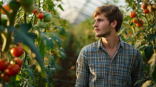 un joven agricultor observa la siembra de tomates orgánicos sanos Agricultura orgánica sostenible