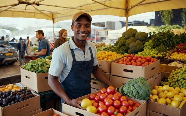 Un joven agricultor sonriente vende sus frutas y verduras orgánicas