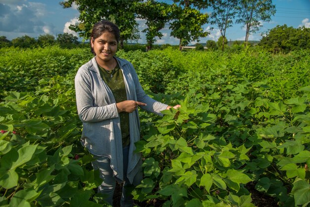 Una joven agricultora en un campo de cultivo de algodón.