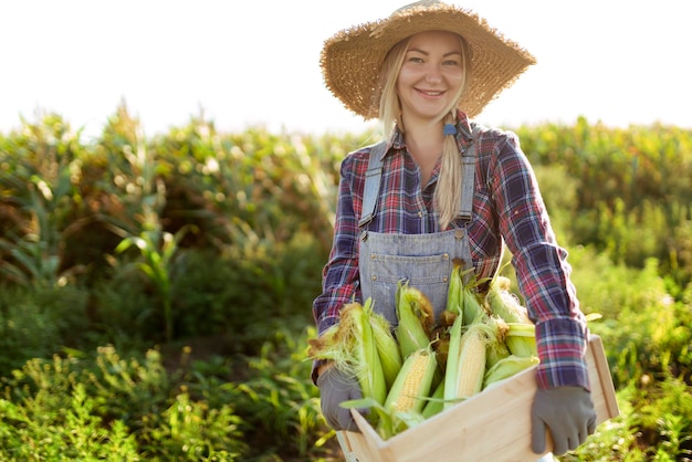 Foto joven agricultora de maíz sonriendo y cosechando maíz una hermosa mujer en el fondo del campo sostiene las mazorcas de maíz agricultura y horticultura