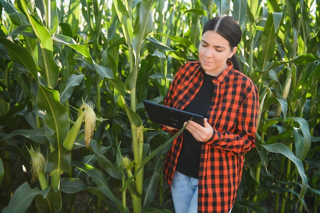 Joven agricultora trabajando en el campo y revisando plantas agricultura y concepto de vida saludable