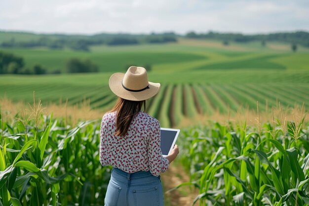 Foto joven agrónoma usando una tableta mientras trabaja