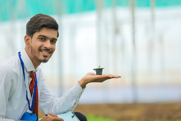 Joven agrónomo indio sosteniendo una pequeña planta en la mano y recopilando información en invernadero