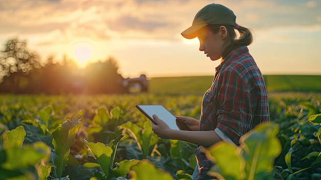 un joven agrónomo de pie con confianza en un campo verde exuberante con una tableta en la mano mientras analiza datos para lograr el éxito en las prácticas agrícolas