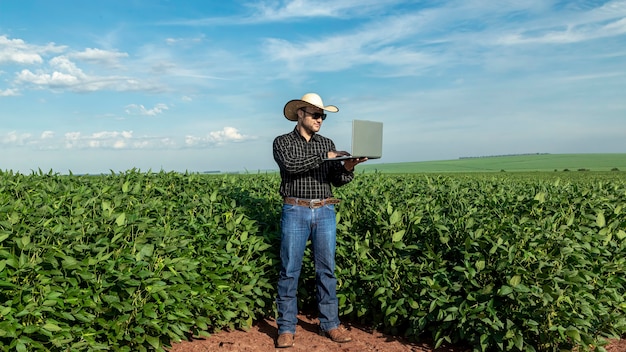 Joven agrónomo con sombrero sosteniendo portátil en campo de soja.