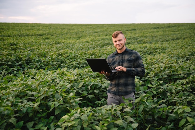 Joven agrónomo sostiene una tableta con una computadora táctil en el campo de soja y examina los cultivos antes de cosechar. Concepto de agroindustria. Ingeniero agrícola de pie en un campo de soja con una tableta en verano