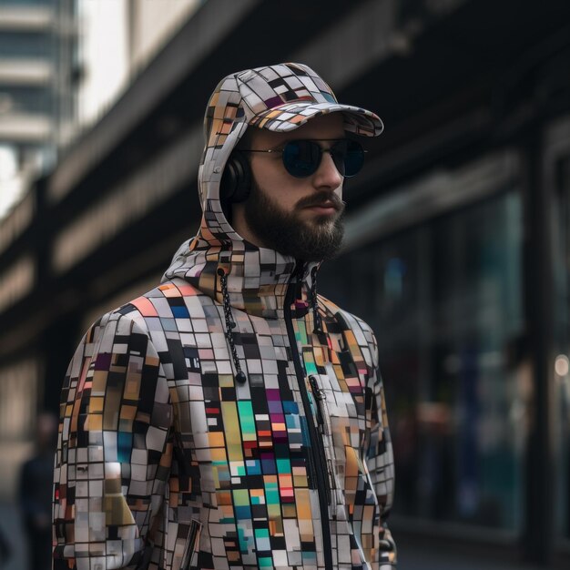 Joven ai generativo con vestido de cubo futurista de moda caminando al aire libre por las calles de la ciudad