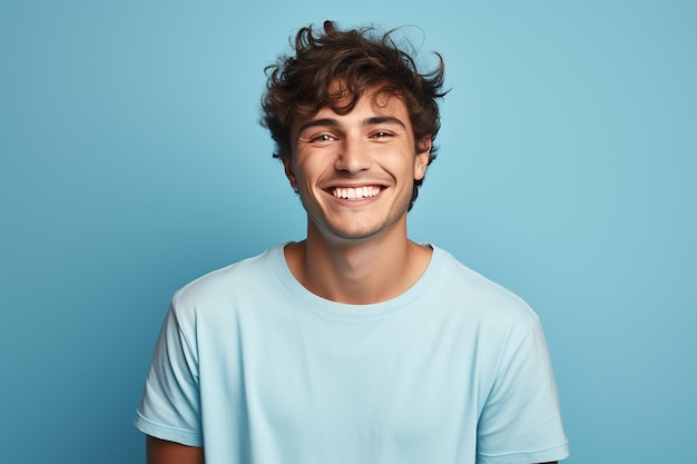 Joven aislado sobre un fondo azul.