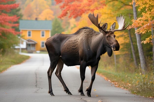 Un joven alce toro camina por una calle en Wilmington Vermont