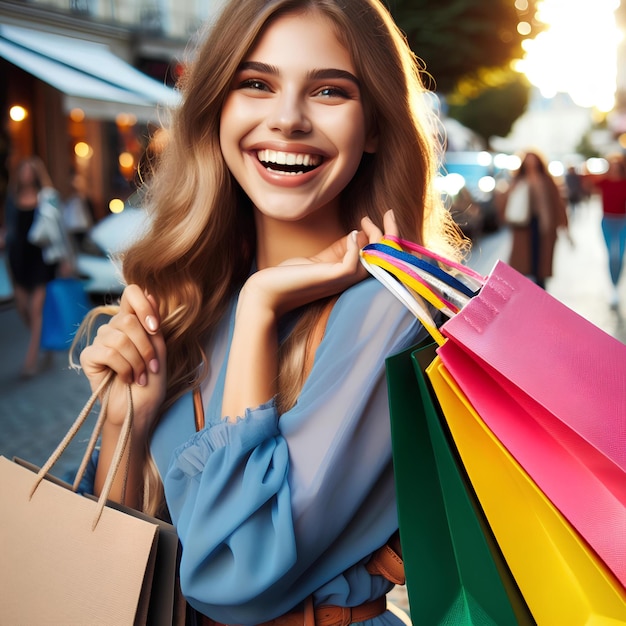 joven alegre con bolsas de colores después de comprar en la calle de las tiendas