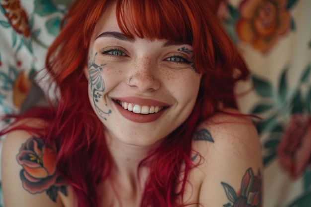 Una joven alegre con cabello rojo y tatuajes sonriendo felizmente.