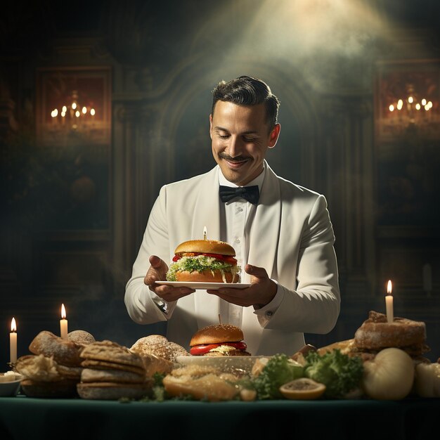 Joven alegre comiendo hamburguesa