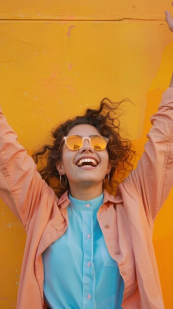 Una joven alegre y confiada celebra en un fondo de colores vibrantes