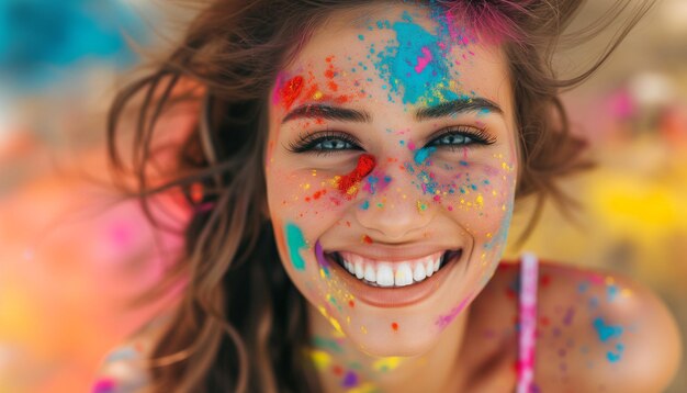 Foto una joven alegre cubierta de polvos de arco iris celebrando el festival de holi