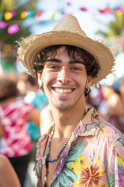 Un joven alegre disfrutando de una fiesta al aire libre