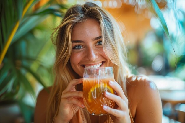 Foto una joven alegre disfrutando de jugo de naranja fresco en un café tropical retrato con exuberante vegetación