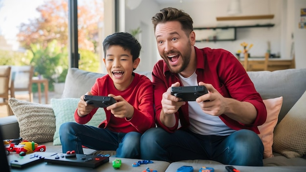 Foto joven, alegre y emocionado padre e hijo con la misma camisa roja jugando a juegos de consola con gamepads