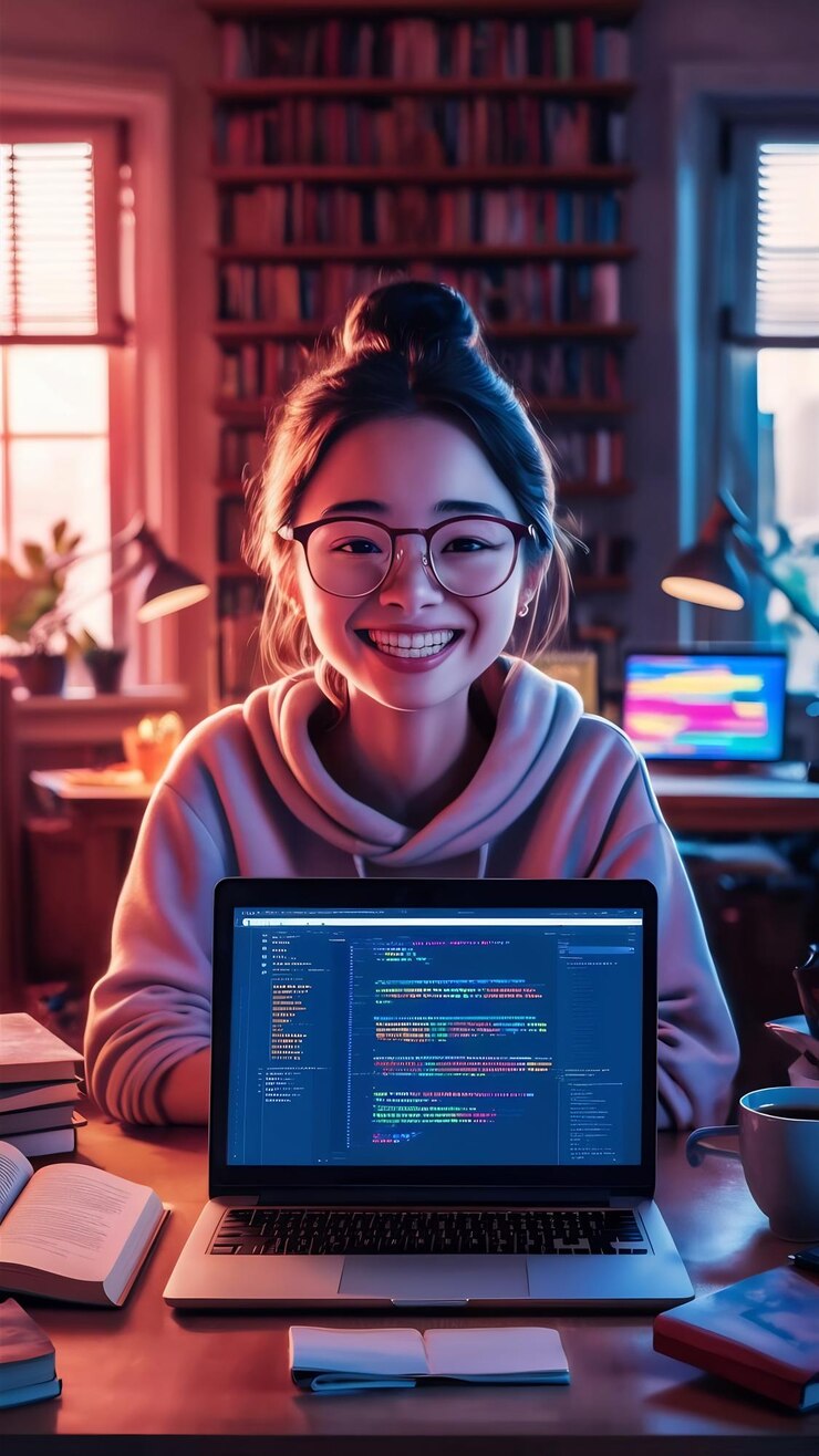 Foto una joven alegre con gafas frente a una laptop