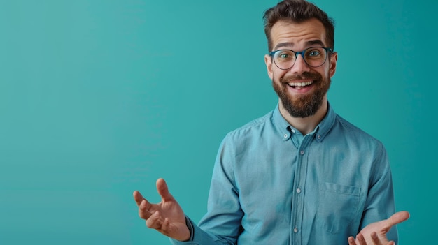 Joven alegre con gafas sonriendo y explicando con gestos de la mano