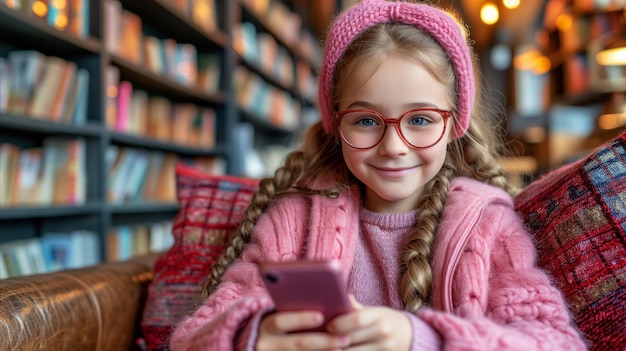 Una joven alegre con gafas usando un teléfono inteligente en la biblioteca