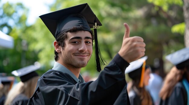 Un joven y alegre graduado con gorra y bata levanta el pulgar