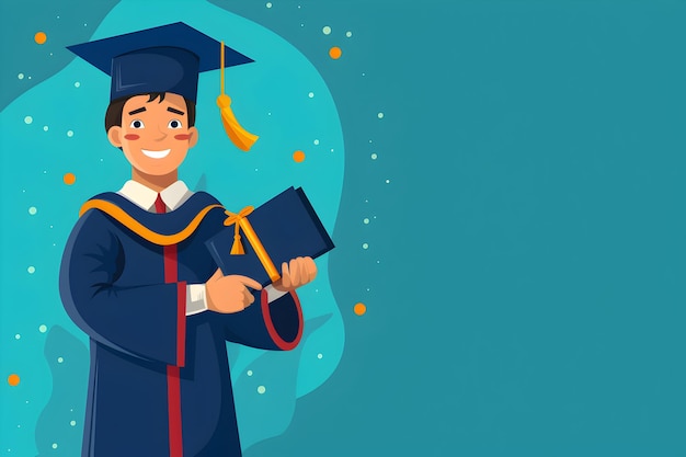 Foto joven alegre graduado ilustración plana en cartón de mortero y vestido de soltero con diploma concepto de la ceremonia de graduación en estilo vectorial con espacio de copia felicitaciones a los graduados en la universidad