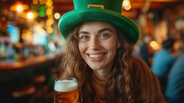 Foto una joven alegre con un gran sombrero verde de duende bebe cerveza en un pub irlandés