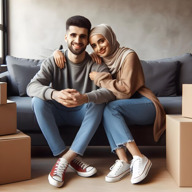 Un joven y alegre marido y mujer de familia musulmana en hijab posando mientras se mudan a su nuevo apartamento