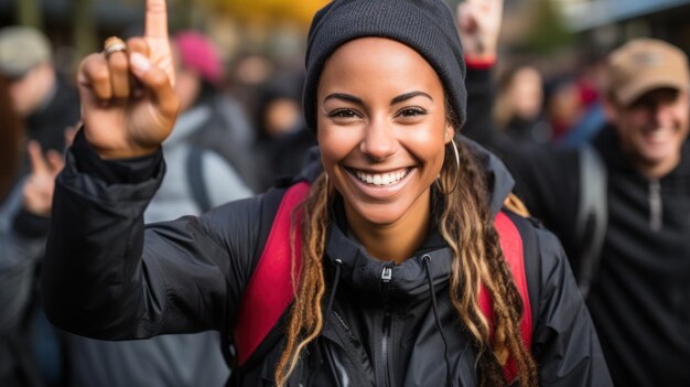 Una joven alegre mostrando un signo de paz en una protesta al aire libre rodeada por una multitud de activistas